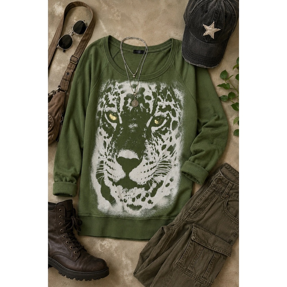 Love J Olive Green Leopard Face Sweatshirt Tunic‎ Top Animal Print Size L